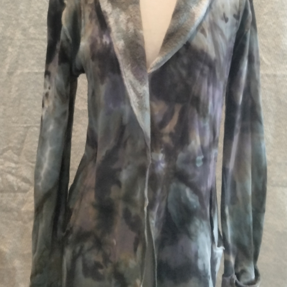 Brightly Twisted long tie-dye fleece jacket, viscose, spandex, small